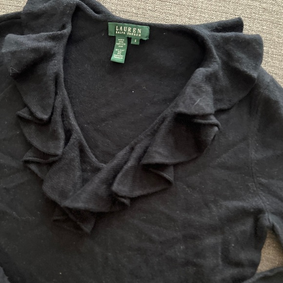 Ralph Lauren Black Silk Cashmere Ruffle Romantic Coquette V-Neck Sweater Small - Picture 5 of 8